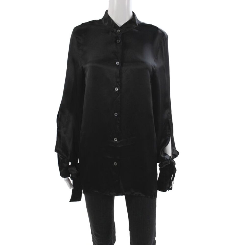 Ann Demeulemeester Womens Tunic Silk Black Collared Button Long Sleeve Size 36